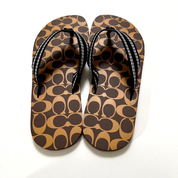 NWOB COACH Men Signature Flip Flop Sandals Brown C8896 Flats Rubber Pool - Picture 4 of 7